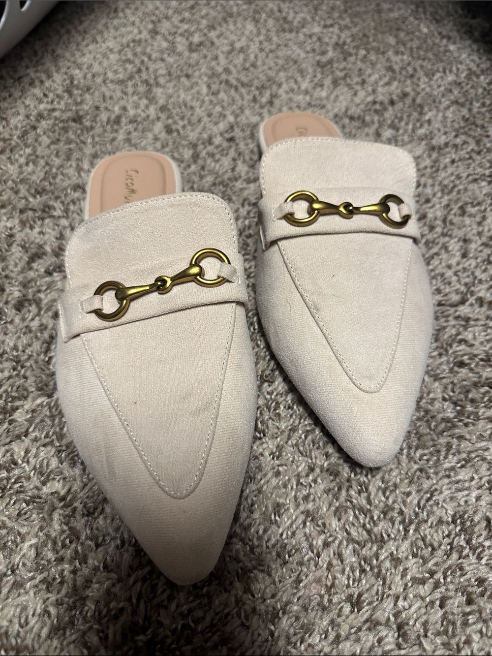 Pointed Cream Slip-On Mules with Gold Bit Accent